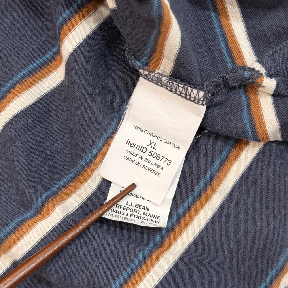 LL Bean Long Sleeve Polo Shirt Navy Blue Striped Organic Cotton Mens XL - Picture 7 of 8